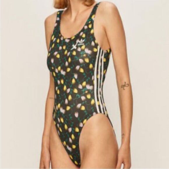 NWT Adidas AOP stretchy tulip print black racing stripes swim suit Medium M - Picture 3 of 14